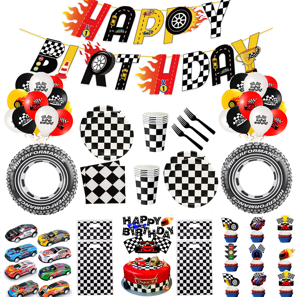Lighting Mcqueen Birthday Decor - Racing Car Party Decorations Checkered Tableware
